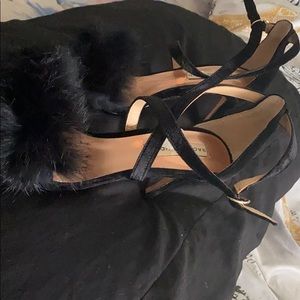 Sacha London Black furry ankle wrap heels